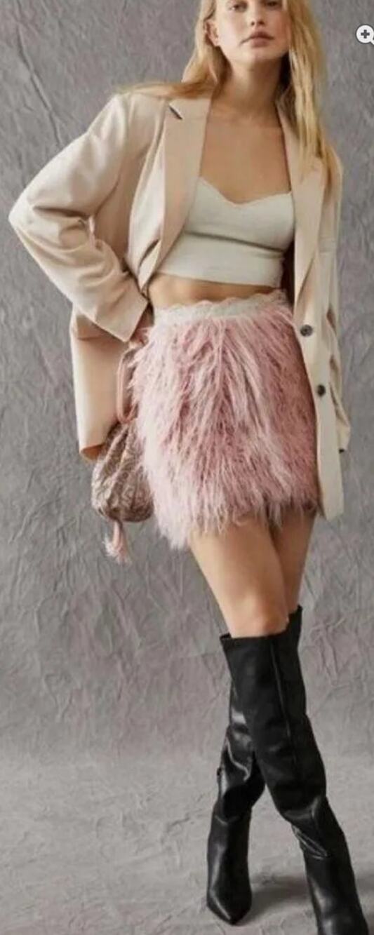Free People Party Time Faux Longhair Fur Pink Skirt - S
